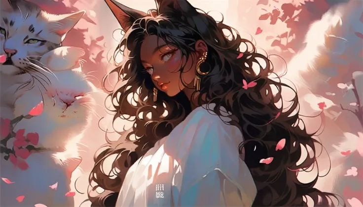 1 girl，animal，animal耳朵，cat，cat耳朵，dark skin tone的女性，dark skin tone，clothing，earrings，jackal ears，jewelry，long hair,，beautiful gir...