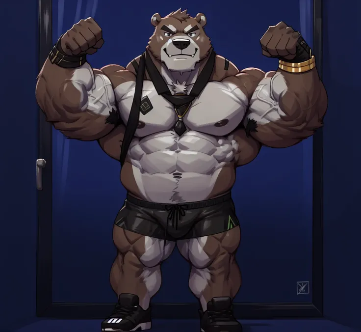 Huge muscular thick Bear bodybuilder shirtless in black gym shorts and wristbands flexing and posing at the mirror looking at his muscles pumped.
