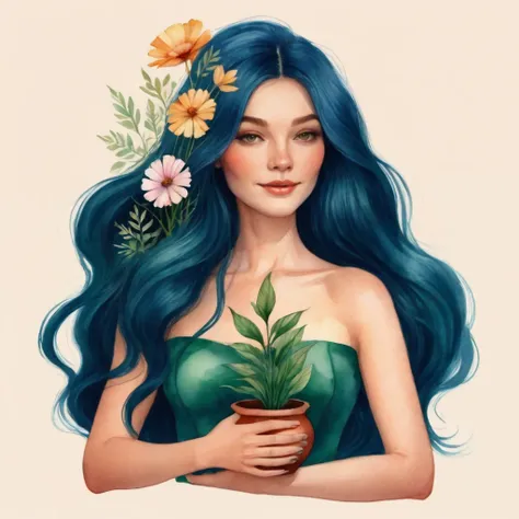 A WATERCOLOR ILLUSTRATION OF A BEAUTIFUL woman holding a vase with a plant, jen bartel, a beautiful art illustration, beautiful digital illustration, flowers grow from the body, in digital illustration style, illustration style, inspired by Amy Sol, goddes...