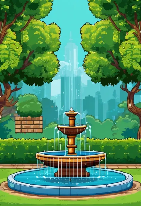 a backyard with a tree and a bird fountain background multiple texture spritesheet, pop-art-and-cartoon-style themed, 2d side scroller game, front view, pixel art , hq