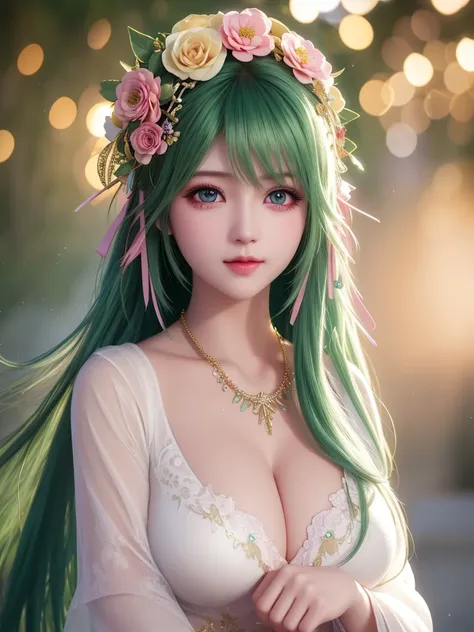 best quality, masterpiece, High target, There is a girl with a basket of flowers on her head, Big breast beauty，Very sexy，beautiful clothes, Hair Decorationss, necklace, Decorations, Pretty Face, When the body, Tyndall effect, Realistic Portraits, Edge lig...