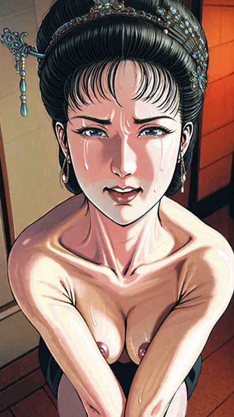 (best quality), (very aesthetic), (ultra-detailed), (best illustration),(a mature female),(perfect face),Suikoden,Mrs. Lin,(((NSFW))),((full_body)),((full_Nude)),(crying),red cheek,sweating,skinny,flushed skin,(Woman with pubic hair),(standing),(ahegao),tr...