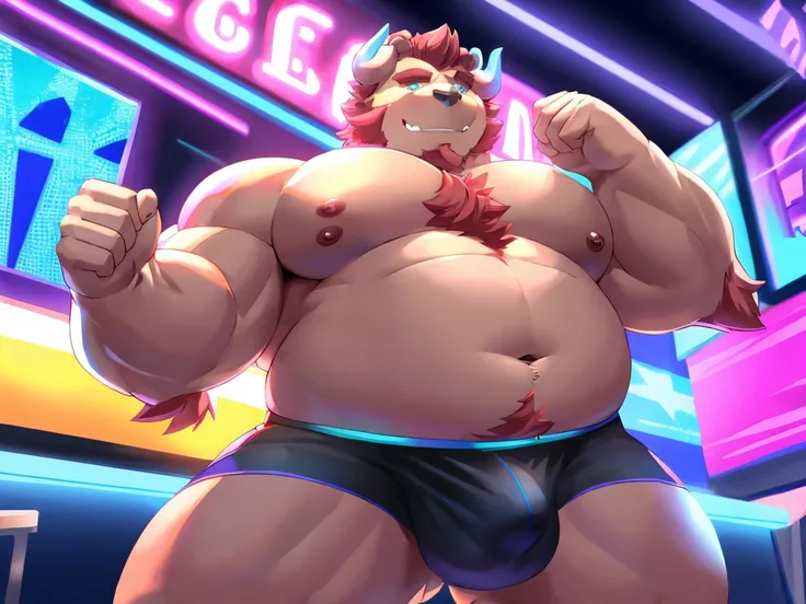 chernobog, big belly, chubby, masculine focus, underwear, bulge, nipples, full body, neon lights