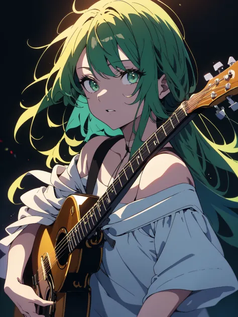 Highest quality, masterpiece, 超High resolution, (Beautiful Anime: 1.4), Original photo,(Shining Eyes、detailed美しい顔)、 1 Girl, Green Eyes, Off the shoulder, Cinema Lighting,band live、play the guitar、Singing in front of a microphone stand、(Highest quality、mast...