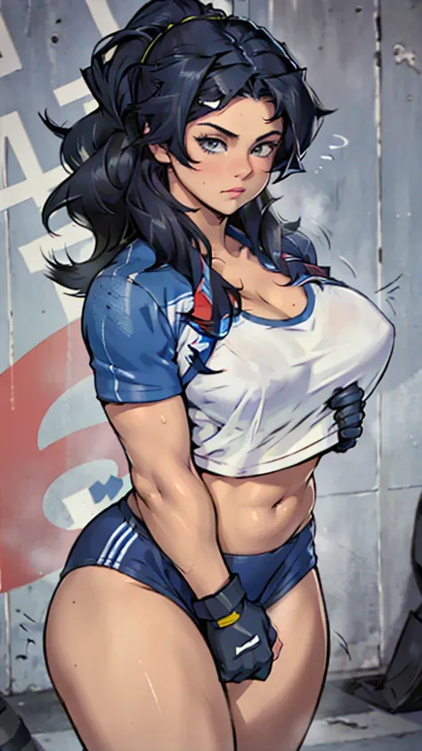 High detailed, 1 woman, solo, large hairstyle, muscled, thicc body, Lenon colored eyes, expressive face, busty, gym clothes, BLUE finger-gloves, medium woman