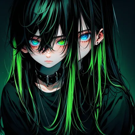 (1boy,masculino,long hair,(alone)), Black cloth , heterochromia , one eye green , one eye blue