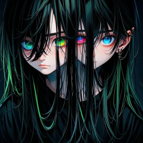 (1boy,masculino,long hair,(alone)), Black cloth , heterochromia , one eye green , one eye blue