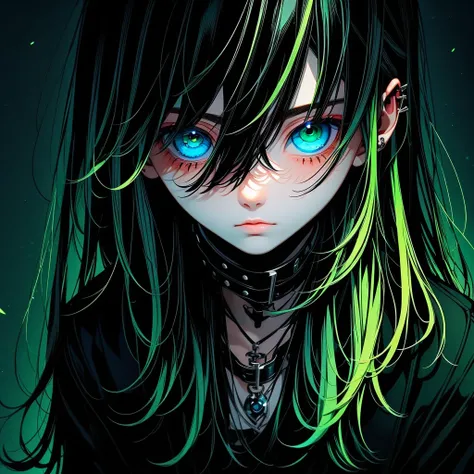 (1boy,masculino,long hair,(alone)), Black cloth , heterochromia , one eye green , one eye blue