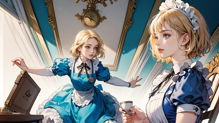 masterpiece, Highest quality, Portraiture, One Girl, (Alice in Wonderland:1.2), Blue clothes, White apron, Blonde, blue eyes, Large pocket watch, Trump, Tea cup, Dynamic pose,Electro Swing