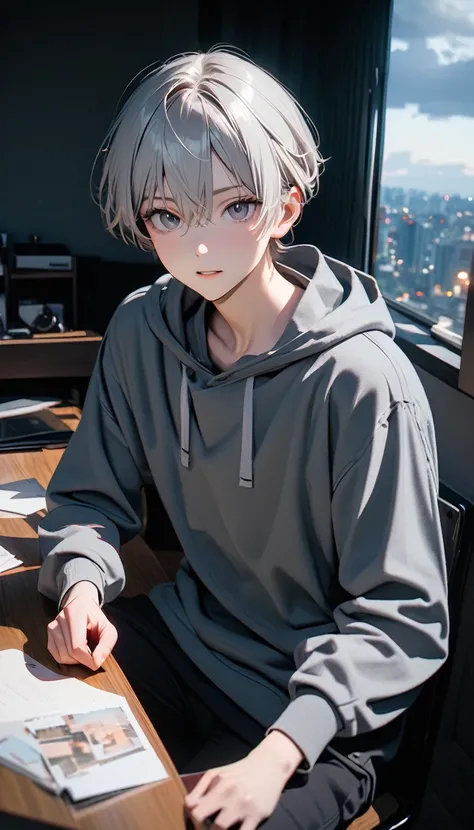 (8K, RAW photos, best quality, masterpiece: 1.4), (((The boy sits at the desk)))，Ultra-high resolution, Extremely detailed, light, Eye close-up, handsome boy, black eyes, (delicate eyes, Eyes are bright:1.2), Gray short hair, Fair skin,dark, Grey sweatshir...