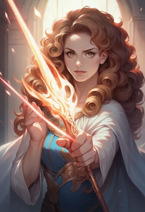 A beautiful Brazilian woman with long, curly hair wielding a flaming sword, high quality 8k, hyper detailed, masterpiece, photorealistic, dramatic lighting, cinematic composition, vibrant colors, fantasy, heroic, powerful, intricate details