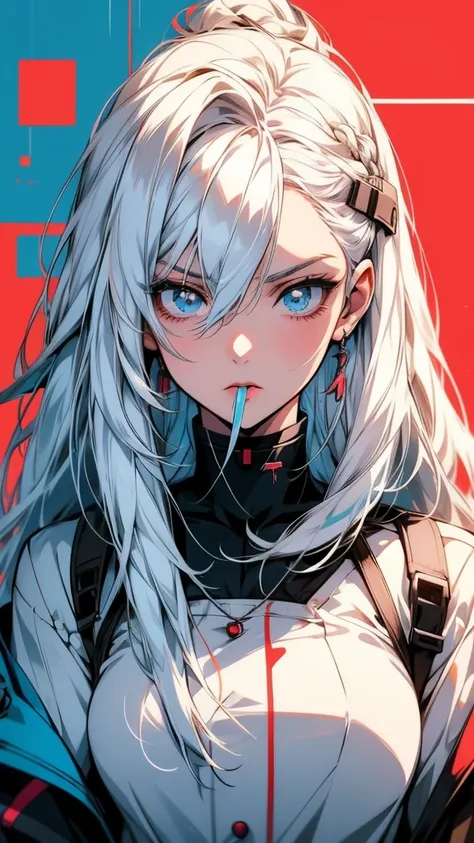 Anime girl with white hair and blue eyes brushing her teeth, 2 d Anime Style, Anime Styled, Anime Style character, Anime Style 4 k, Anime art style, high quality Anime art style, Anime Style portrait, Girls Frontline Style, Anime Style. 8K, trigger Anime a...