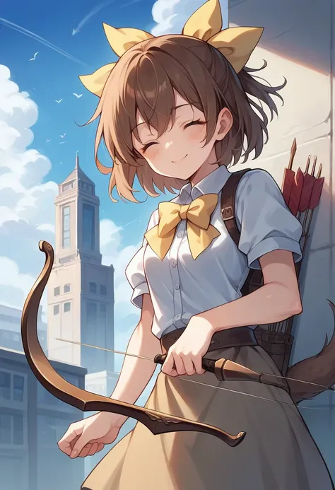 1 girl, Alone, wide, blush, SMILE, Brown hair, bow, two tails, Closed eyes, weapon, short sleeves, hair bow, sky, day, blue sky, building, in front of the viewer, yellow bow, bow (weapon), ARROW (projectile)