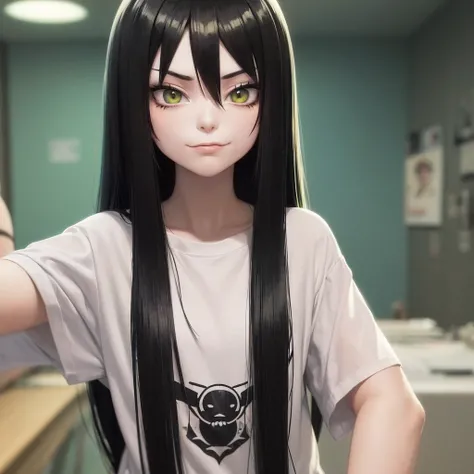 girl similar to gorillaz noodle, long black and green gradient straight hair ((drawing)), ((anime girl nose)), white t-shirt, resting her chin on her hand (pose for photo) tattoos on her arms, showing her tongue, art cyberpunk, sarcastic look, nervous teen...