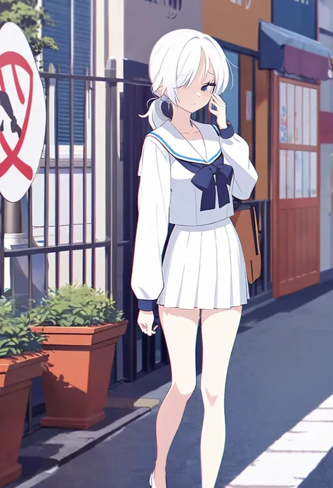 (One tall woman,White Hair,Hairstyle is short ponytail,Blue Eyes,Medium chest,Medium thighs,Woman hiding her right eye with her hair)Sailor suit,Short skirt,Woman walking on the street