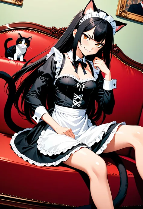 detailed illustration, dynamic angle, ultra-detailed, illustration, 1girl, medium breasts, sitting on a red velvet couch, catgirl, cats, black hair, long hair, cat ears, cat tail, smirk, proud, arrogant, french maid outfit