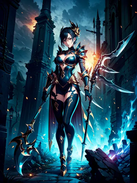 
(((masterpiece, best quality, high detailed, 8k))) Design a layout showcase Gaming character, (1girl). Black|Gold clothes, stylish and unique. ((showcase weapon:1.4)), dark scythe. (masterpiece:1.2), (best quality), 4k, ultra-detailed. (Step by step desig...