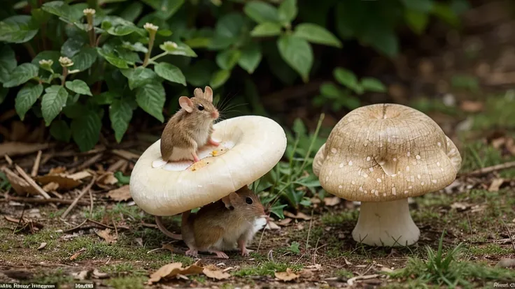 This image is a high-quality nature photograph, It features a small brown harvest mouse perched atop a large white mushroom. The composition centers on the mouse and the mushroom, highlighting intricate details in the mouses fur and the mushrooms textured ...