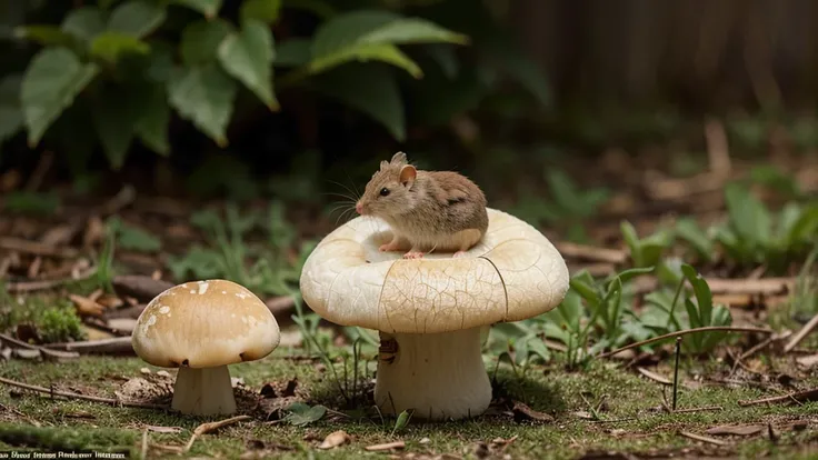 This image is a high-quality nature photograph, It features a small brown harvest mouse perched atop a large white mushroom. The composition centers on the mouse and the mushroom, highlighting intricate details in the mouses fur and the mushrooms textured ...