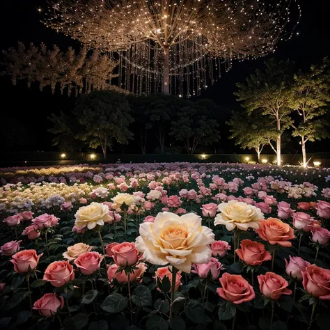 Roses resemble diamonds in a very large flower garden, at night