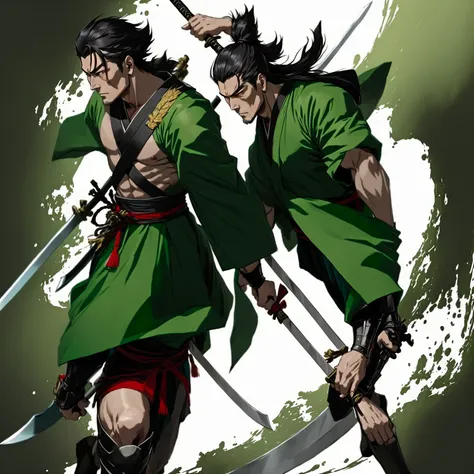 Figure back, full body，A man in green clothes、Cartoon of a man holding a sword, best Anime Characters design, Yagaki Kanosuke, Legendary god holding a spear, Fox Nobuyuki holding a naginata, Anime Characters, Bow Foot Light, Photo of an adult male warrior,...