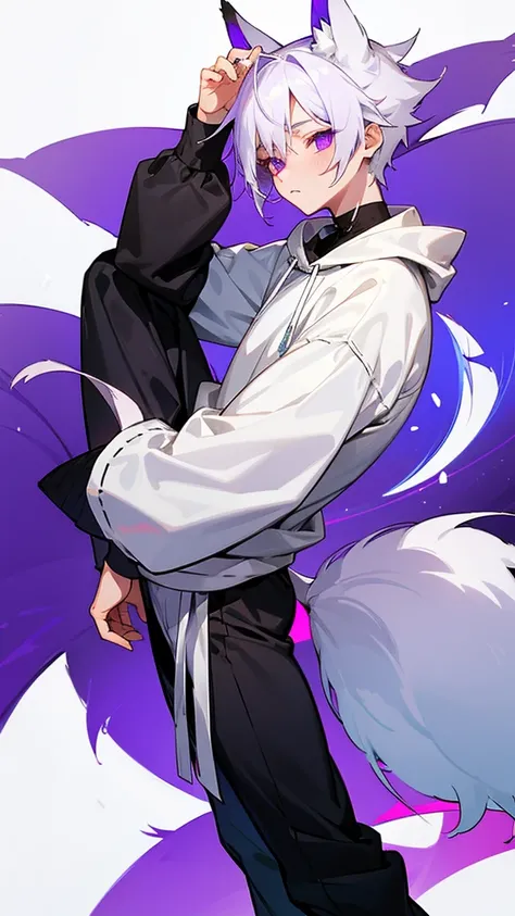 A boy with white hair, fair skin, purple eyes and fox ears and tail, wearing a white sweatshirt and black pants 