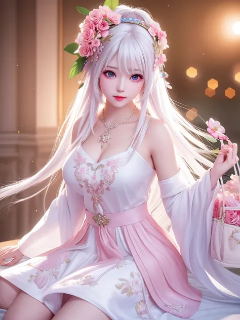 best quality, masterpiece, High target, There is a girl with a basket of flowers on her head, Big breast beauty，Very sexy，beautiful clothes, Hair Decorationss, necklace, Decorations, Pretty Face, When the body, Tyndall effect, Realistic Portraits, Edge lig...