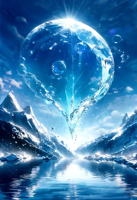 Ultra HD 3D graphics，Showcasing the glacier wishing on the tranquil shores of a lake. glacier, Beautiful rendering details, See the bubbles being blown gently into the air, Everyone has good wishes. Bubbles capture reflections of setting sun, Create dreams...