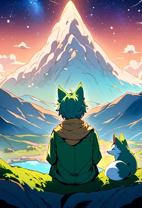 A boy from his back in a green suit and gold scarf sitting next to a cute fox watching a mountain and the stars, but these look super out of focus due to the contamination of where they are with colors that would not be seen 