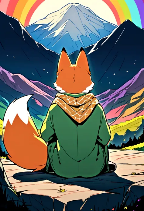 A boy from his back in a green suit and gold scarf sitting next to a cute fox watching a mountain and the stars, but these look super out of focus due to the contamination of where they are with colors that would not be seen 