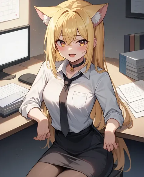 Browsing Caution, masterpiece, (Highest quality:1.2), (Sharp focus:1.2),, 1 Girl, Slim girl,, (blonde|Light_Yellow Hair), Cat ear,, Detailed face, young|Cute face, blush, Wicked Smile,, Natural Breasts, Thin arms,, White collared shirt and black tie, Black...