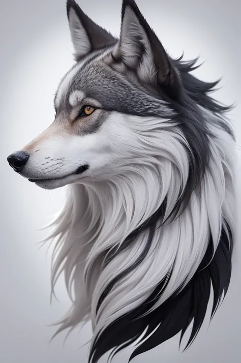 create a 2d image of a wolf in profile, with gray and white background, 