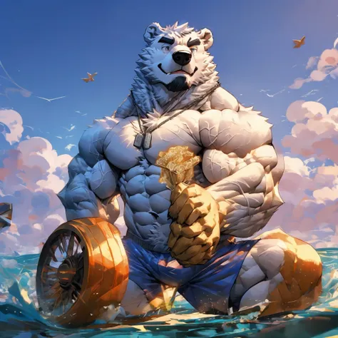 one tall polar bear with big muscular body shirtless and topless with light blue shorts and a dog tag on his neck, veiny, flexin...