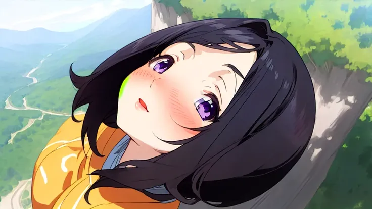 woman、One person、Anime Style、blush、Mouth open、valley、Looking up、Dark purple eyes、Black Hair