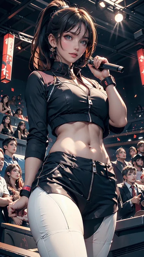 24 year old Japanese woman、Slim but toned body、Wear a high-neck zipper-up top、No sleeve、I can see my belly button、Wear low rise leggings、Tie a blouson around the waist、Put a wristband on your wrist、ponytail、Inner Color、At a live concert