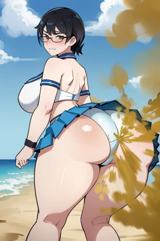 realism,beautiful lighting,solo, 1 female, black hair, pale skin ,glasses, light blue bra, light blue bikini swimsuit, blue panty, transparent skirt, farting, massive fart, yellow gas, velocity, bend over, blush, clenching teeth, alone in a beach