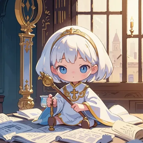 (albino female priest with very short hair, wearing a white veil, wearing a milky white robe, wearing thin and light armor, hold...