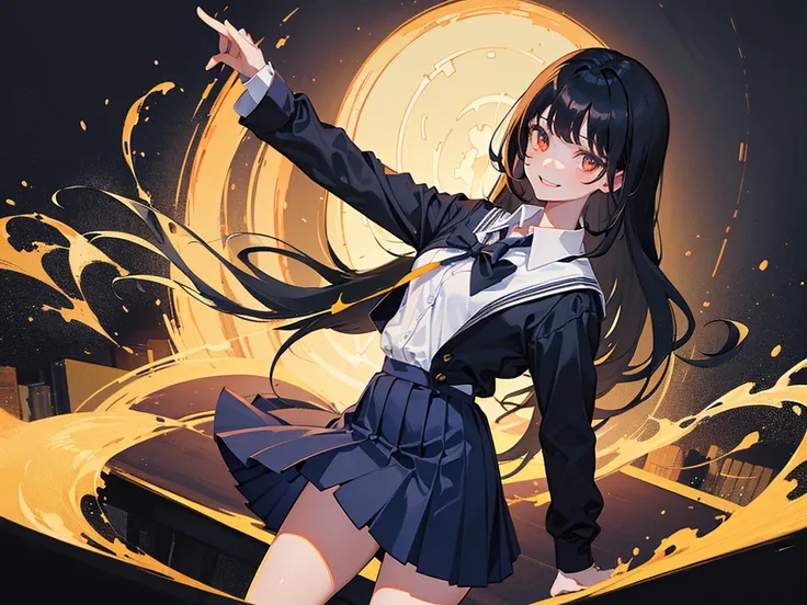 1girl, Standing upright in a classroom in a dark atmosphere at night, (schoolgirl uniform), long black hair, pleated skirt, (spooky smile),spooky light, ((wide shot)), (looking down at viewer), 18 years old, ((from front shot))