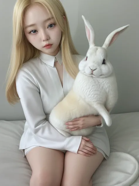 Korean blonde girl next to a white rabbit 