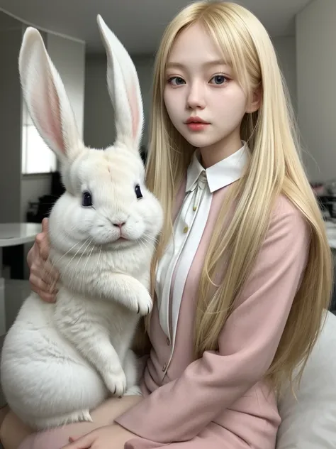 Korean blonde girl next to a white rabbit 