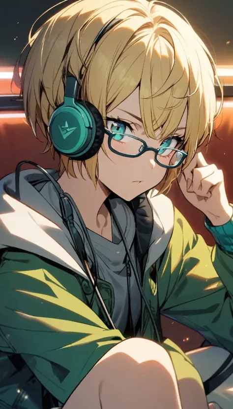 1girl, boyish, wearing glasses, aqua eyes, blond hair, short hair, headphone