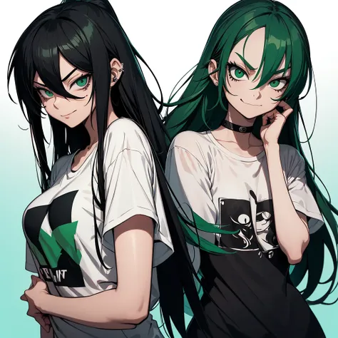 girl similar to gorillaz noodle, long black and green gradient straight hair ((drawing)), ((anime girl nose)), white t-shirt, resting her chin on her hand (pose for photo) tattoos on her arms, showing her tongue, art cyberpunk, sarcastic look, nervous teen...