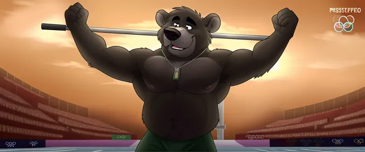 ((masterpiece, best quality)),solo, 1bear, solo, baloo, huge muscular, green short pants, shoes, shirtless, dog tag necklace, black eyes, furry, bear, no humans, olympics, podium set, weightlifting event, winner