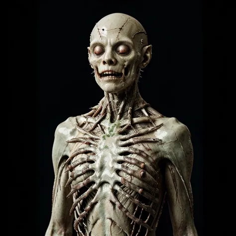 Arafed alien with a white body and a black background., creepy mutant flesh creature, zombie in horror concept art, photo of scp-173, detailed humanoid, disturbing very detailed, resident evil virus concept art, SCP-3008, Horror CGI 4K, very detailed horro...