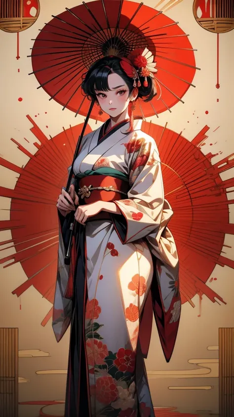 anime girl In kimono outfit holding an umbrella and a red apple, Half Yamada, In kimono, In kimono, inspired by Okumura Masanobu, Japanese art style, Inspired by Sukenori Nishikawa, Anime Style 4k, Detailed anime artwork, From the Sengoku period, Detailed ...