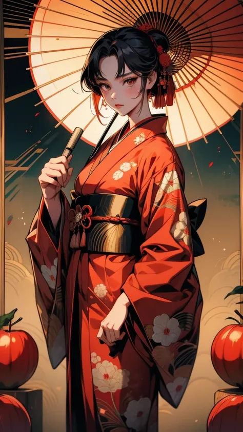 anime girl In kimono outfit holding an umbrella and a red apple, Half Yamada, In kimono, In kimono, inspired by Okumura Masanobu, Japanese art style, Inspired by Sukenori Nishikawa, Anime Style 4k, Detailed anime artwork, From the Sengoku period, Detailed ...