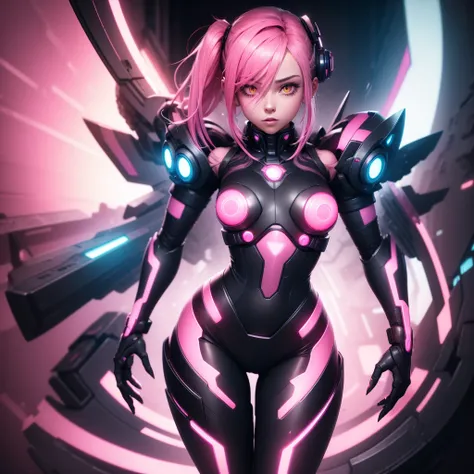 Robot Girl Android with pink hair in a pink suit with small yellow elements half cyborg modification Sad Beautiful sexy with bright yellow eyes stands half-turned sideways Anime Style black background Cyberpunk style, Sexy thighs, black background image of...