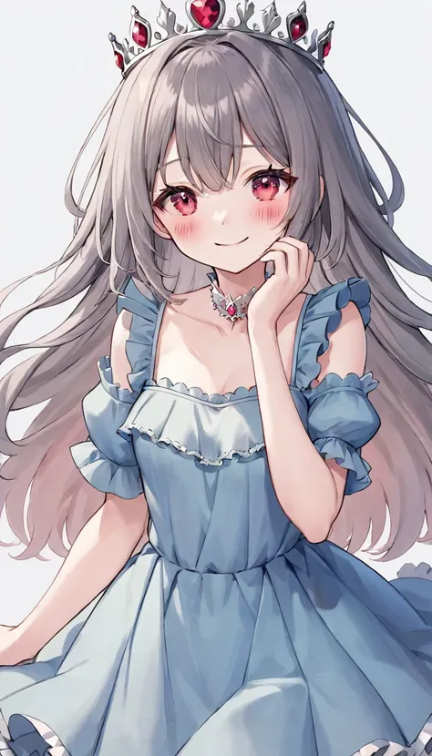 1girl, solo, long hair, looking at viewer, blush, smile, bangs, red eyes, dress, closed mouth, collarbone, short sleeves, grey hair, frills, puffy sleeves, pink eyes, puffy short sleeves, blue dress, frilled dress, tiara, aged down, crown, , v arms