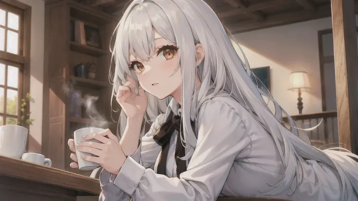 A girl with white hair down to her neck and brown eyes. Cozy coffee, table, up câmera, cup with coffee, eteral beauty, anime