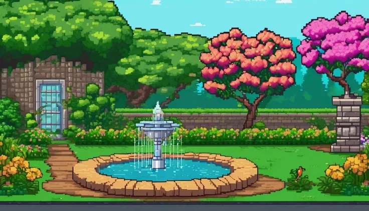 a backyard with a tree, a bird fountain, a stone path and a flowering bush background multiple texture spritesheet, pop-art-and-cartoon-style themed, 2d side scroller game, front view, pixel art